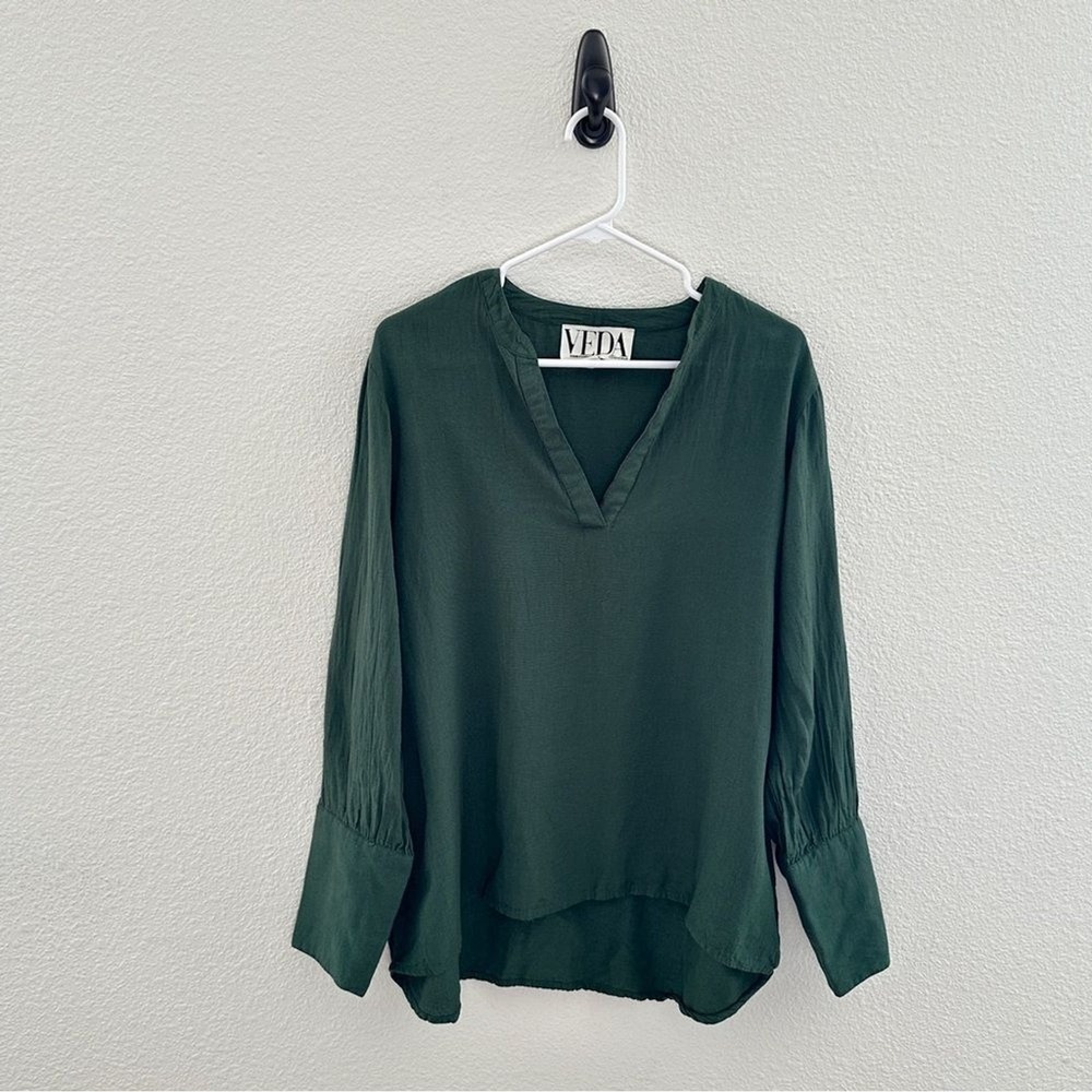 VEDA Blouse Womens Medium Green Long Sleeve Split Artsy Lagenlook